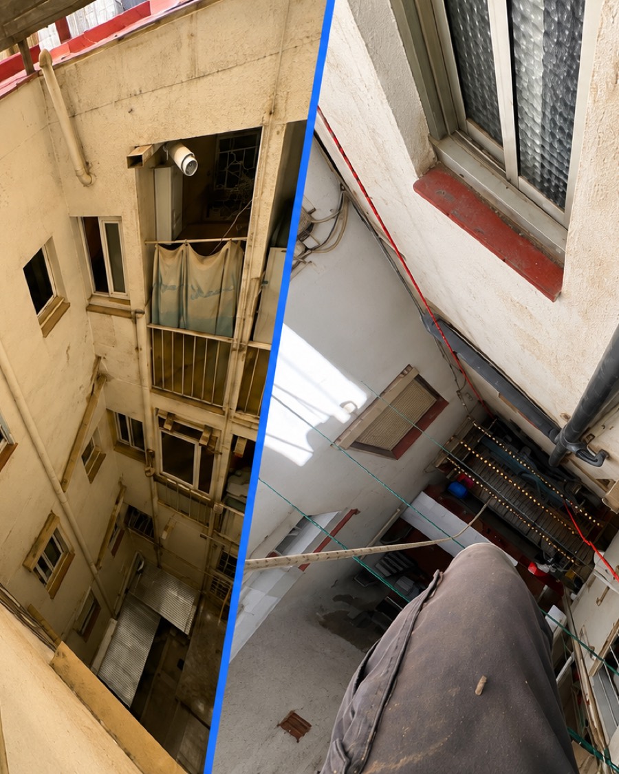 Bajante de patio interior antes y despues de su sustitucion, con los medios de seguridad montados para trabajar en altura.