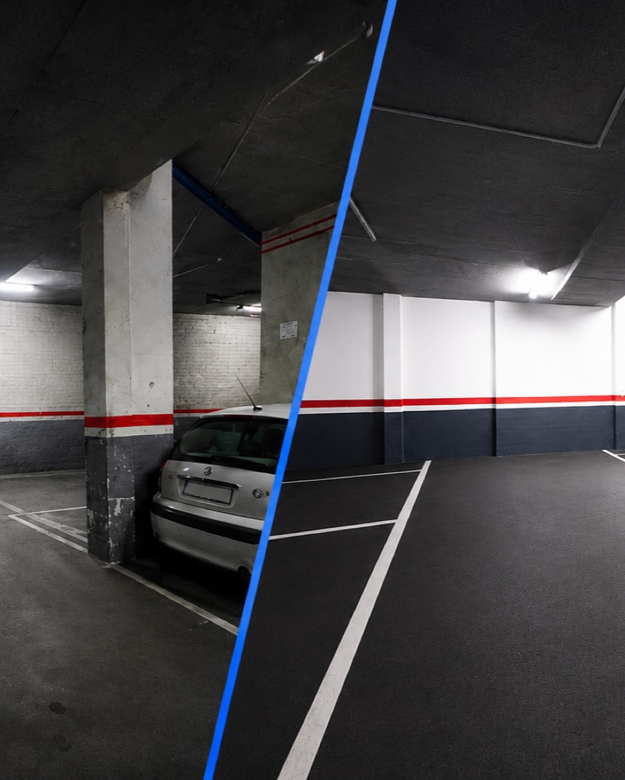 Parking comunitario antes y despues de pintarlo: a la izquierda el hormigon desgastado, a la derecha el pavimento y los pilares repintados con marcas nuevas.